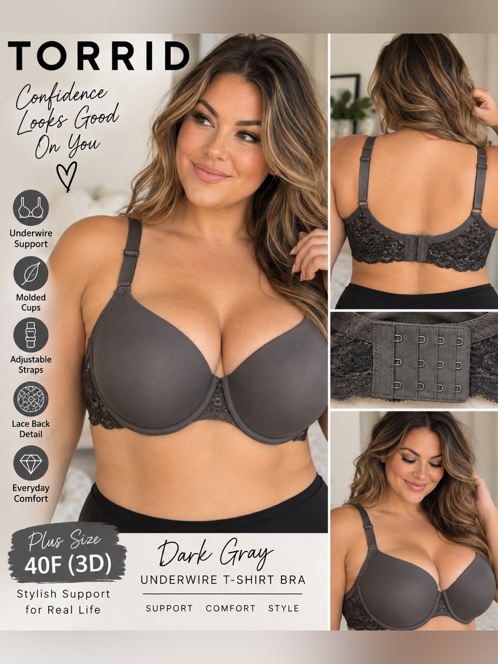 Torrid Dark Gray Lace Back Underwire T-Shirt Bra 40F 3D